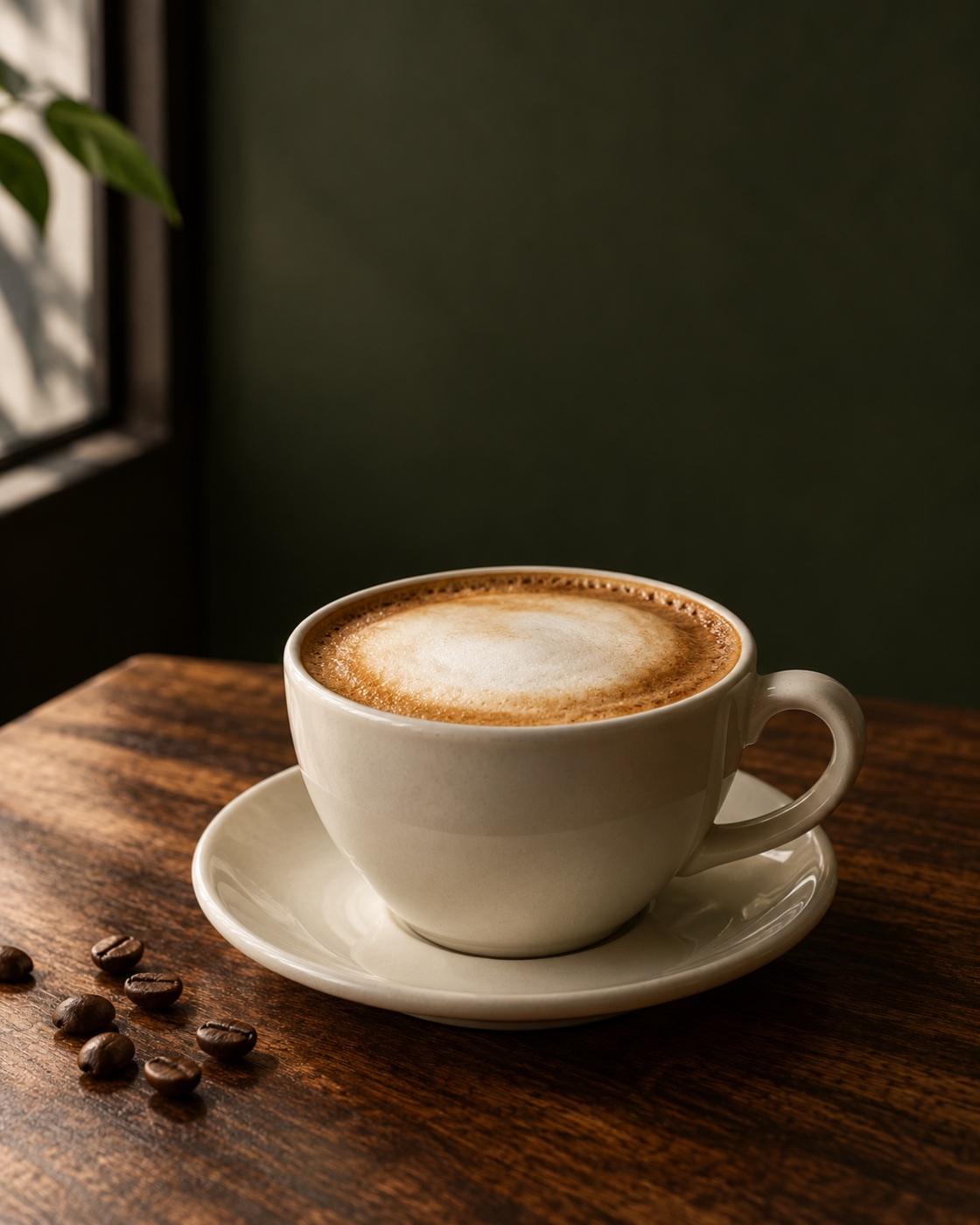 Una taza de capuchino sobre una mesa de madera